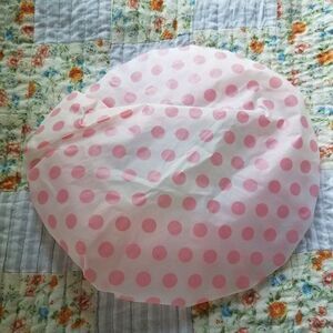 PINK Polka Dot Plastic Shower Cap Hair Cover Waterproof Reusable Elastic